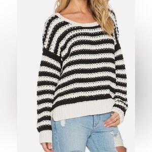 Free People Beach Sweater Medium Black White Striped Chunky Knit Pullover